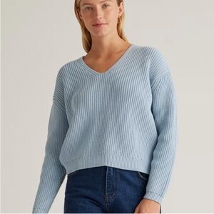 Quince 100% organic cotton fisherman sweater Sky Blue V-Neck Sweater for Women